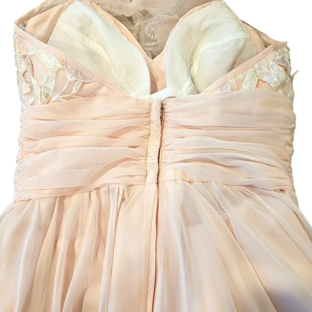 80s Vintage XS Light Pink Chiffon Flowy‎ Pearl Beaded High Low Halter Formal